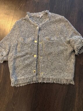 J. Crew Gray Tweed Short-Sleeve Fringed Snap Cardigan